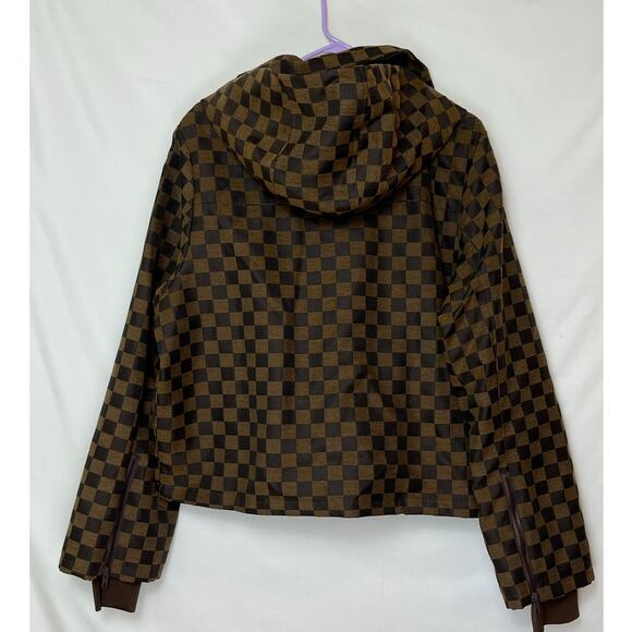 Judith March Womens Large Brown Checked Hooded Full 2 Way Zip Long Sleeve Jacket - Picture 2 of 9